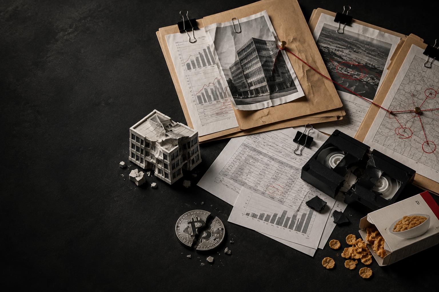 Financial case files, a broken office tower, a videotape, cereal and a fractured crypto coin arranged as evidence